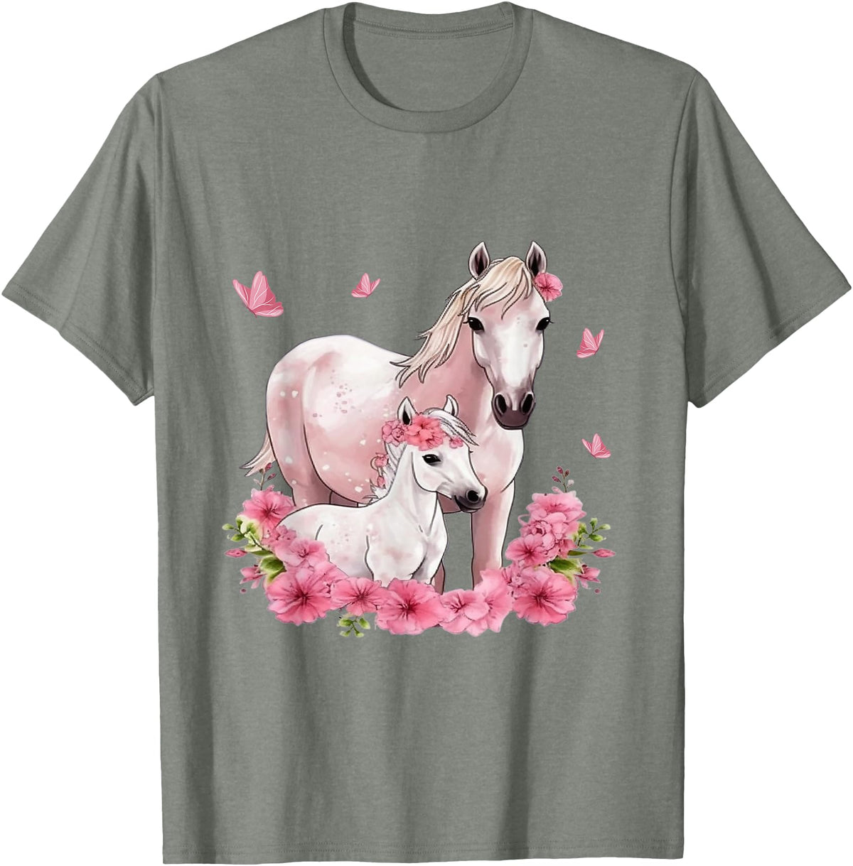 Horse Foal Butterfly Girl Flowers Horseback Riding Horse with Foal - Flowers and Butterflies T-Shirt - Olive Heather