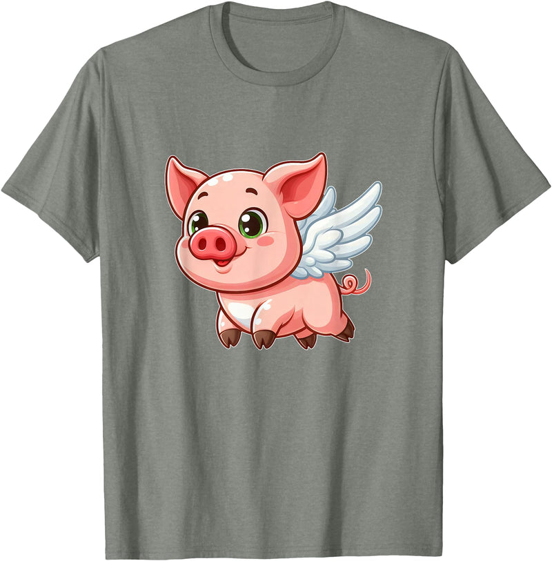 Cute Cartoon Pig Angel with Wings Halo Farmer T-Shirt - Olive Heather