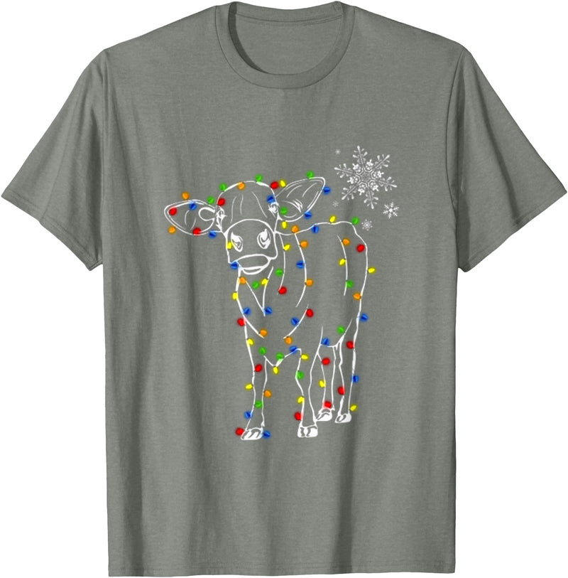 Cow Christmas Light Tree Cow Xmas Snow Lover T-Shirt - Olive Heather