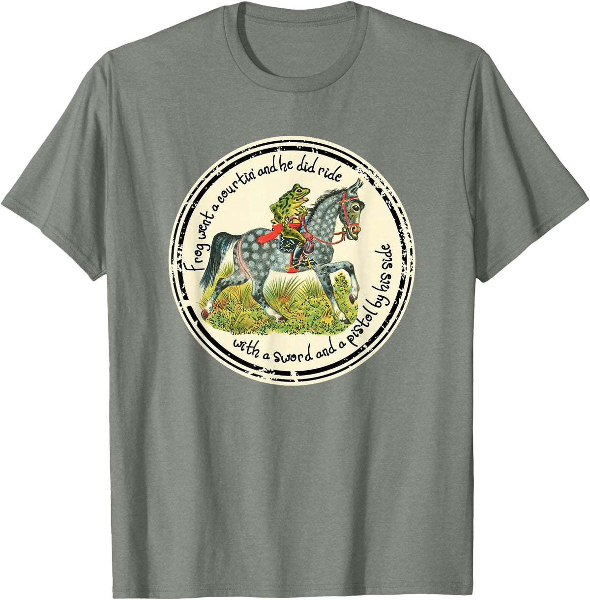 Brown County General Frog Went a Courtin Riding Horse with Sword Folk Tale T-Shirt - Olive Heather