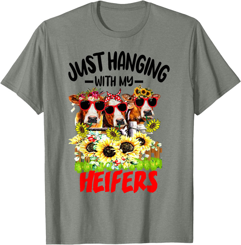 Women's Funny Cows Heifer Farm Animal Just Hanging With My Heifers Cow Farm Animal Lovers Funny T-Shirt - Olive Heather