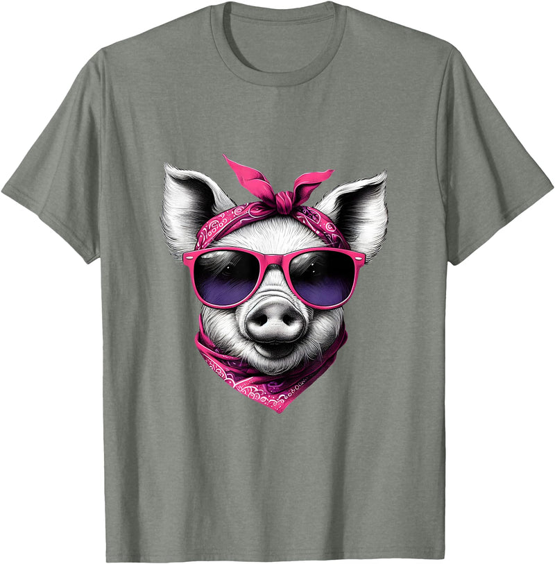 Fashionable Animals Wearing Pink Bandanas Pig Wearing A Pink Bandana Headband And Sunglasses T-Shirt - Olive Heather