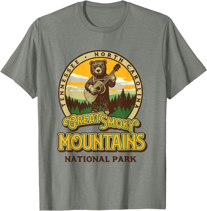 The Thrift Garage Great Smoky Mountains National Park Guitar Bear Cute Smokies T-Shirt - Olive Heather