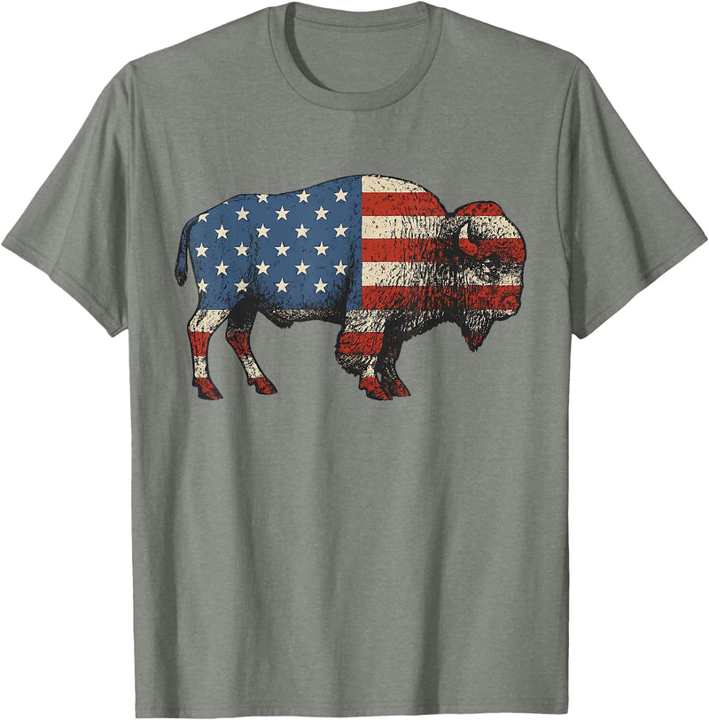 Bison American Buffalo Gifts & Apparel Stuff Bison USA American Flag Patriotic United States T-Shirt - Olive Heather