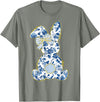 Cute Easter Toile Chinoiserie Blue Floral Bunny Coquette Bow T-Shirt in Olive Heather