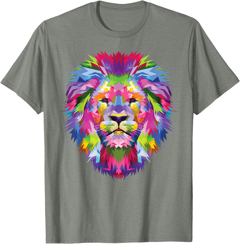 Color Critters Cute Rainbow Lion Head Vibrant Jungle Lion Celebration T-Shirt - Olive Heather