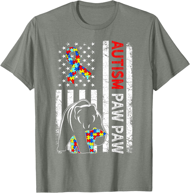 Distressed American Flag Autism Paw Paw Bear Awareness T-Shirt - Olive Heather