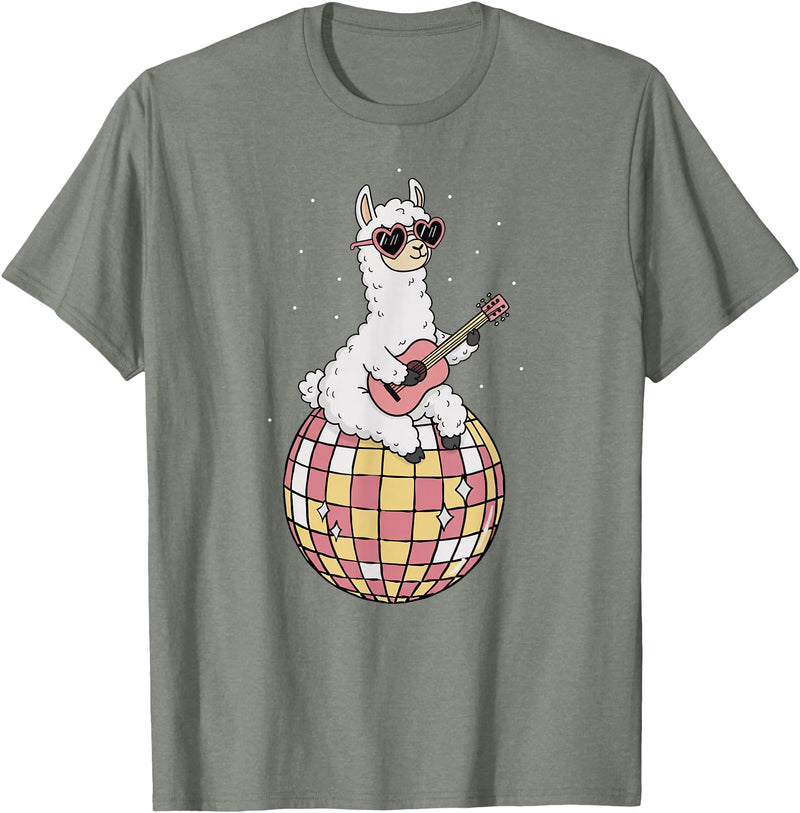 DiscoballAxis1 Funny Llama Disco Dancing Ball Groovy Retro 80s Costume T-Shirt - Olive Heather