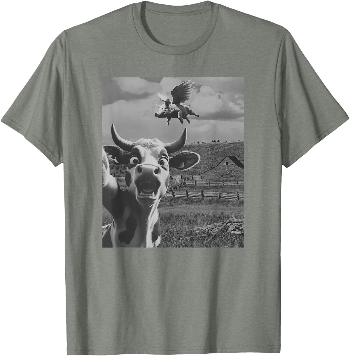 When Pigs Fly Pig Lover Designs Apparel Gifts Cow Selfie With Flying Pigs Fly Funny Gift for Men Women Kid T-Shirt - Olive Heather