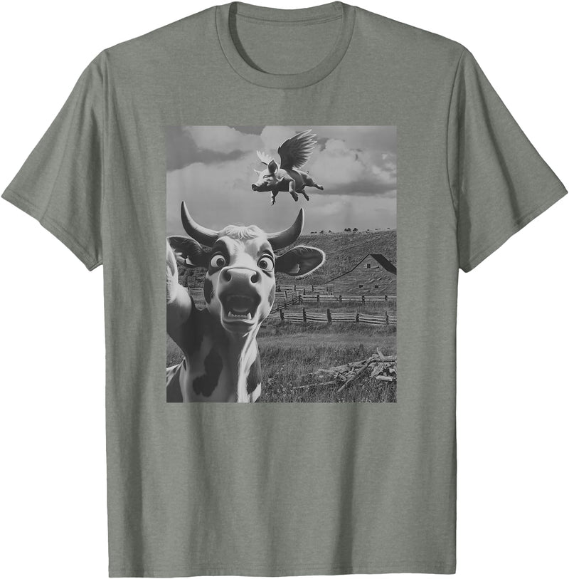 When Pigs Fly Pig Lover Designs Apparel Gifts Cow Selfie With Flying Pigs Fly Funny Gift for Men Women Kid T-Shirt - Olive Heather
