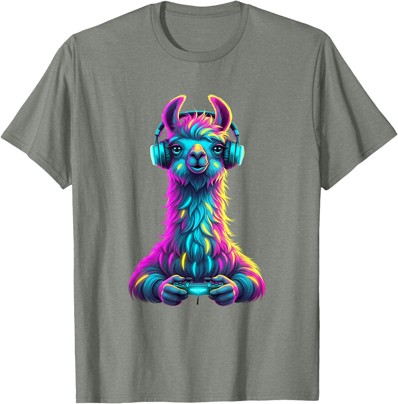 Llama Gamer Lovers Animal Men Women Kids Llama Gaming Animal Video Games Funny Llama T-Shirt - Olive Heather