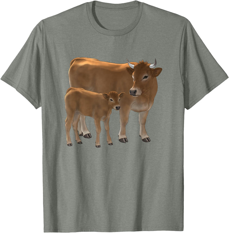 Bauernhof-Tiere von CSForest Aubrac Cow and Aubrac Calf Cattle Farm Animals T-Shirt - Olive Heather