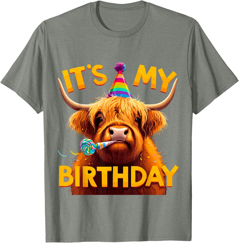 Humorous Highland Cow Gifts It's my Birthday Party Highland Cow T-Shirt - Olive Heather