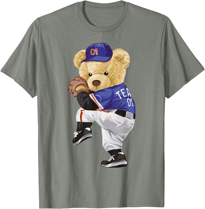 BERSLL Cute Teddy Bear Baseball Jug Sweatshirt T-Shirt - Olive Heather