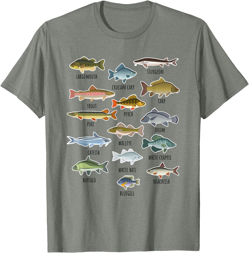 NABZR Angeln Geschenke & T-Shirts Types of Freshwater Fish Fishing T-Shirt - Olive Heather