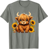 Cute Scottish Highland Cow Sunflower Highland Cow Farm T-Shirt - Olive Heather