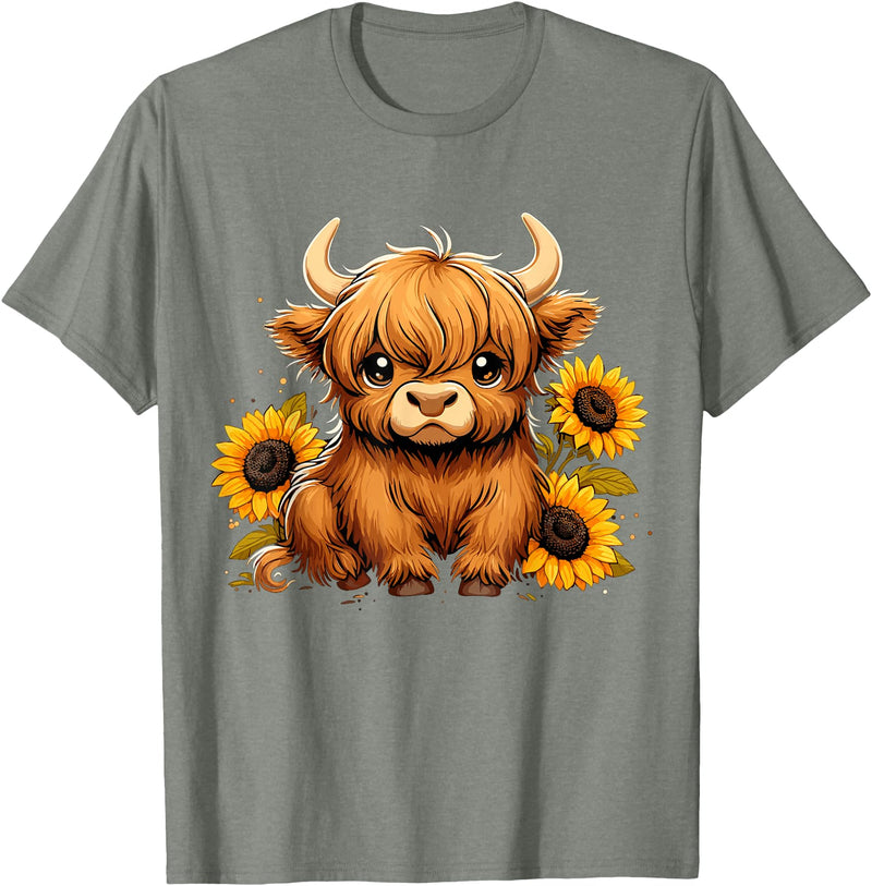 Cute Scottish Highland Cow Sunflower Highland Cow Farm T-Shirt - Olive Heather