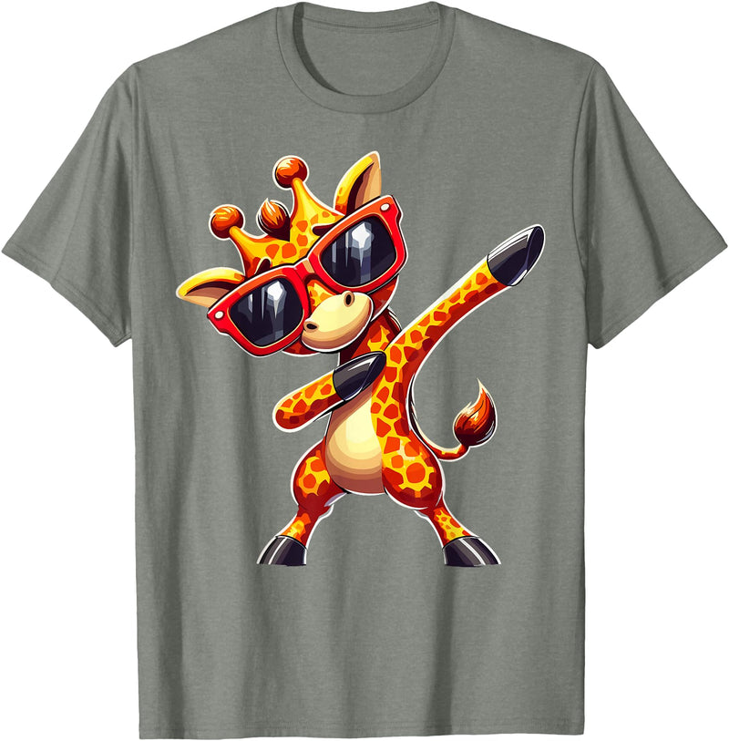 Funny Giraffe Lover Dabbing Giraffe with Sunglasses T-Shirt - Olive Heather