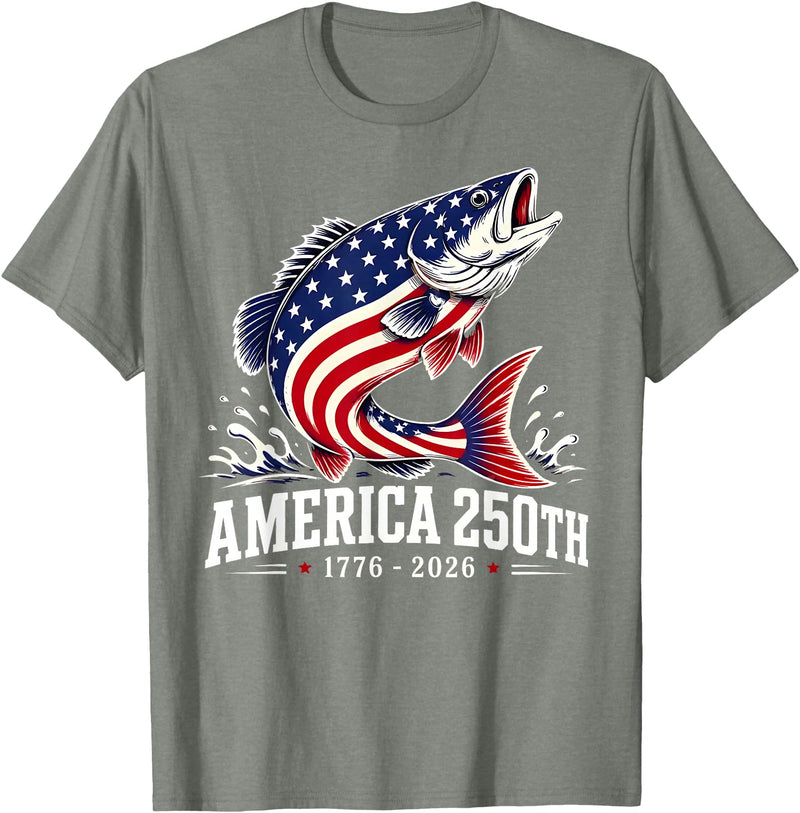 250 America Years 1776 2026 Fishing USA Flag Patriotic Leaping Salmon American Flag Fishing 4th of July T-Shirt - Olive Heather