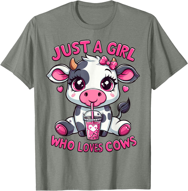Cute Cow Lover Cow Just A Girl Who Loves Cows T-Shirt - Olive Heather