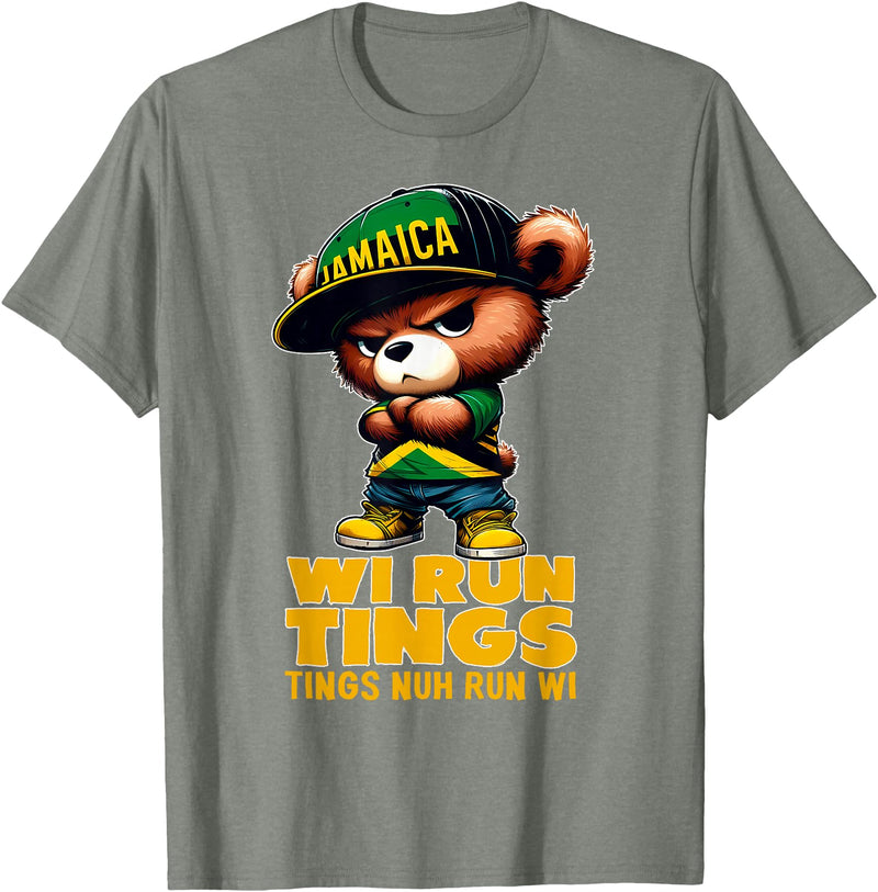 Jamaican Gifts for proud Jamaican Men, Women, Kids WI RUN TINGS Teddy Bear Jamaica Flag Shirt Jamaican Clothing T-Shirt - Olive Heather
