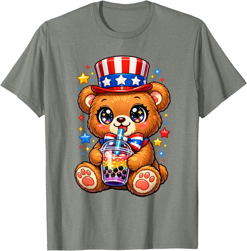 Kawaii Red White and Blue Fourth July Little Kids Cute Teddy Bear Patriotic 4th July Gift Bubble Boba Tea USA T-Shirt - Olive Heather