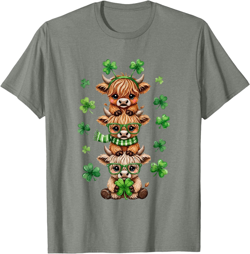 St Patricks Day Highland Cow Lucky Irish Shamrock Funny St Patrick's Day Highland Cow Lucky Shamrock Irish T-Shirt - Olive