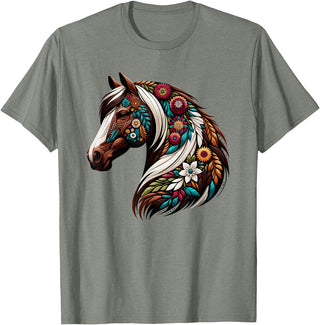 Horse Riding Lovers Gifts For Cowgirls & Girls Equestrian Horse Riding, Western Horseback, Horse Flower T-Shirt - Olive Heather