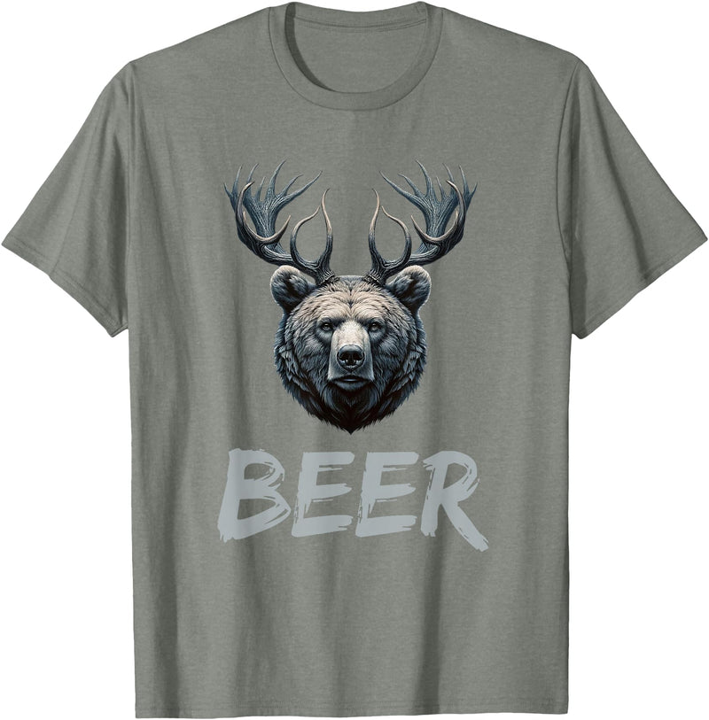 Bear With Antlers Drinker Party Deer Beer Beer Bear Deer Grizzly Bear With Antlers Beer T-Shirt - Olive Heather