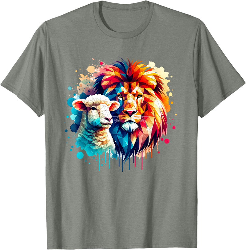 Christian Clothing Lion And Lamb Christian Art Lion And Lamb Geometric Christian Clothing T-Shirt - Olive Heather
