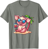 Animal Party Summer Vacay Mood Party Pig Palm Trees Summer Vacation T-Shirt - Olive Heather