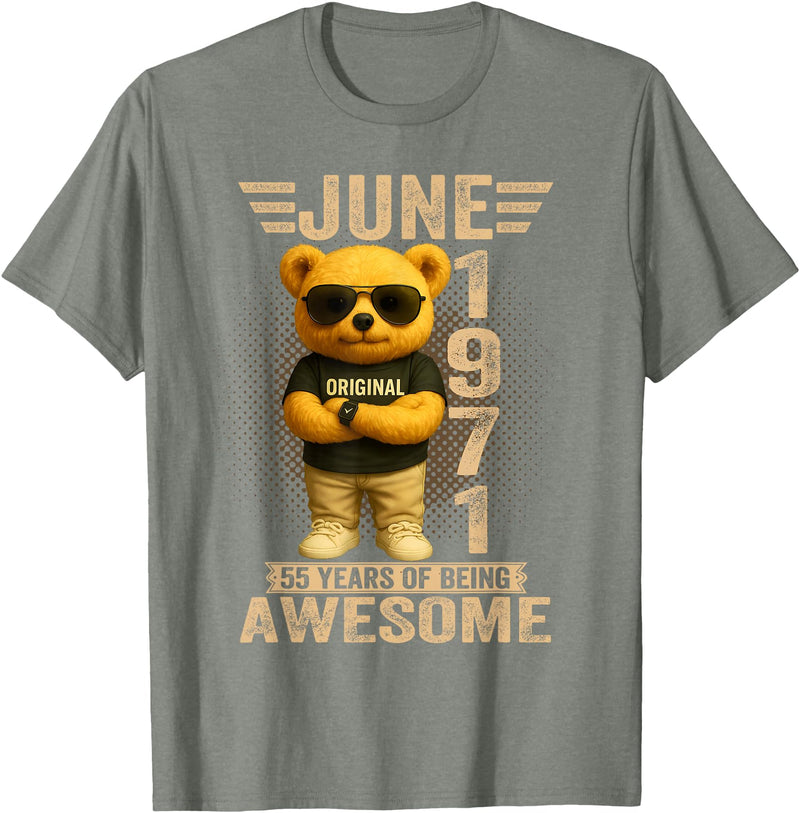 June 1971 55th Birthday Gifts for Men Women 55 Year Old June 1971 Teddy Bear 55th Birthday Men Women T-Shirt - Olive Heather