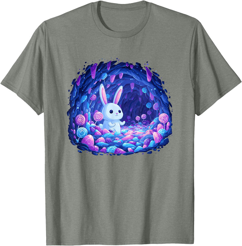 Enchanting Bunny in Candy Cave Fantasy World T-Shirt in Olive Heather