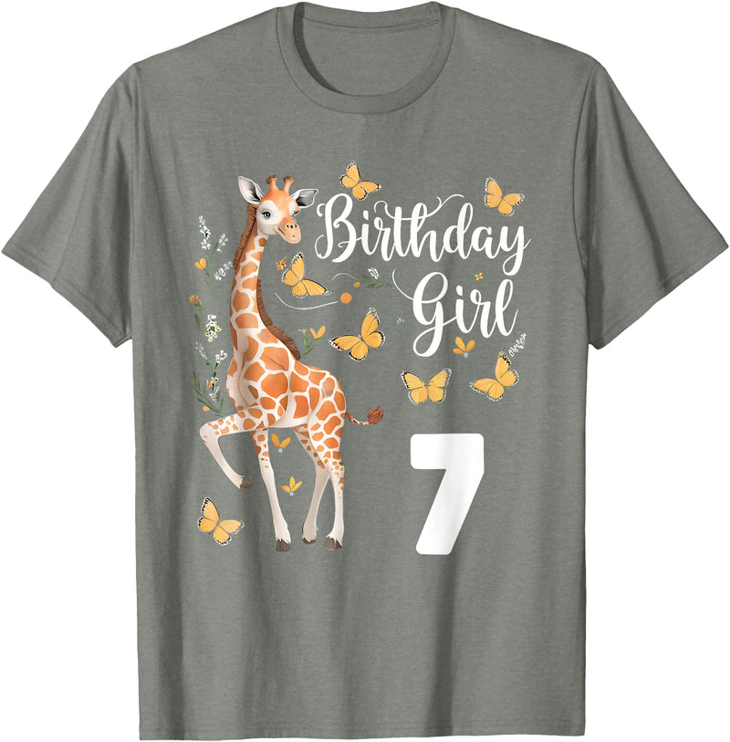 Giraffe Birthday Party by LazyPanda Giraffe 7th Birthday Girl 7 Years Old Giraffe Lover T-Shirt - Olive Heather