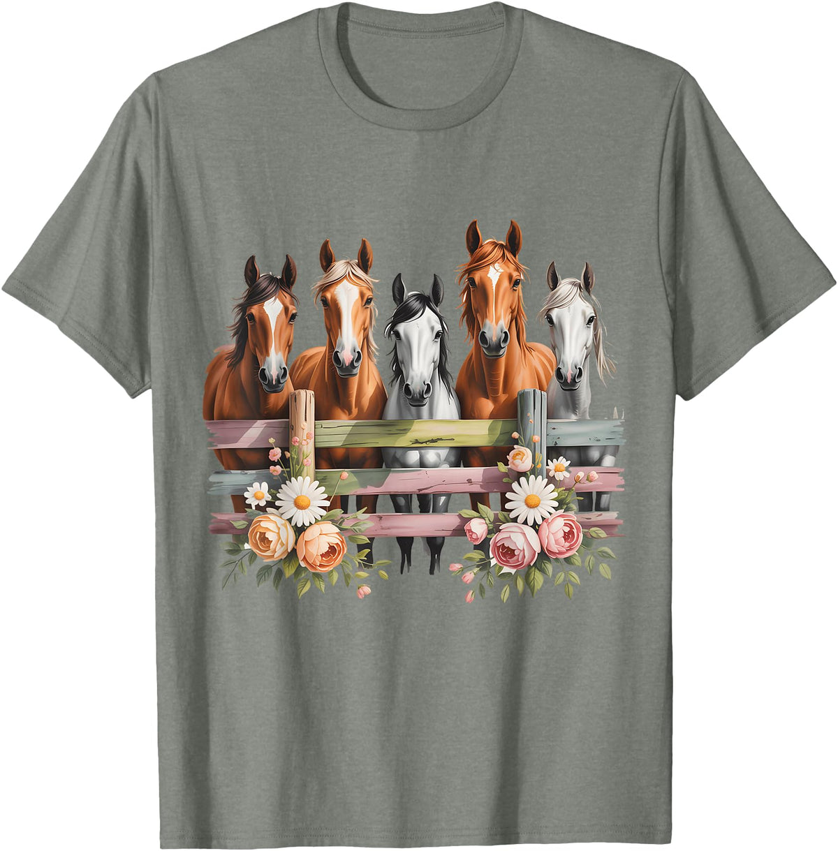 HORSE LOVERS NOVELTY APPAREL Wild Floral Horses For Men Women Kids Horse Lover T-Shirt - Olive Heather