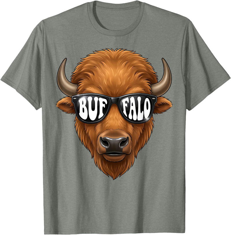 generic Buffalo with Sunglasses Wildlife Graphic for Men Women Kids T-Shirt - Olive Heather
