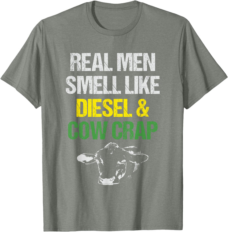 Dairy Cow Farmer Tees & Gifts Co. Real Men Smell Like Diesel and Cow Crap Funny Dairy Farmer T-Shirt - Olive Heather