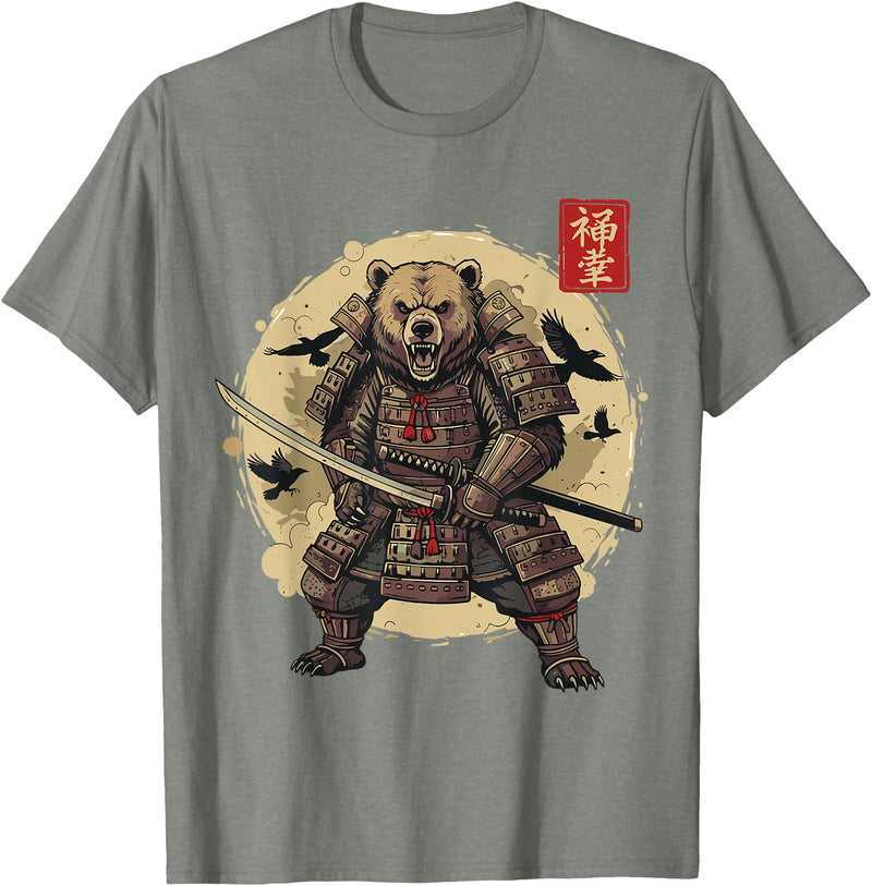 Anime Shirts For Men Women Kids Gifts Samurai Bear Shirt Warrior Vintage Graphic Japanese Men T-Shirt - Olive Heather