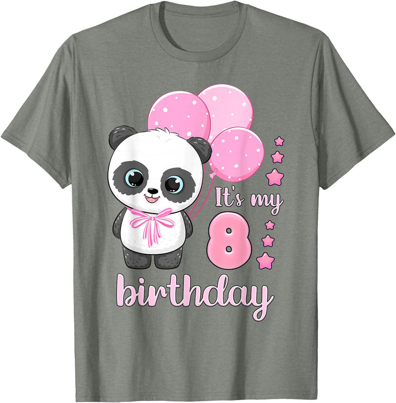 Birthday Gifts for Girls by Content Design Studio Birthday Girl 8 Panda Pink Balloons T-Shirt - Olive Heather