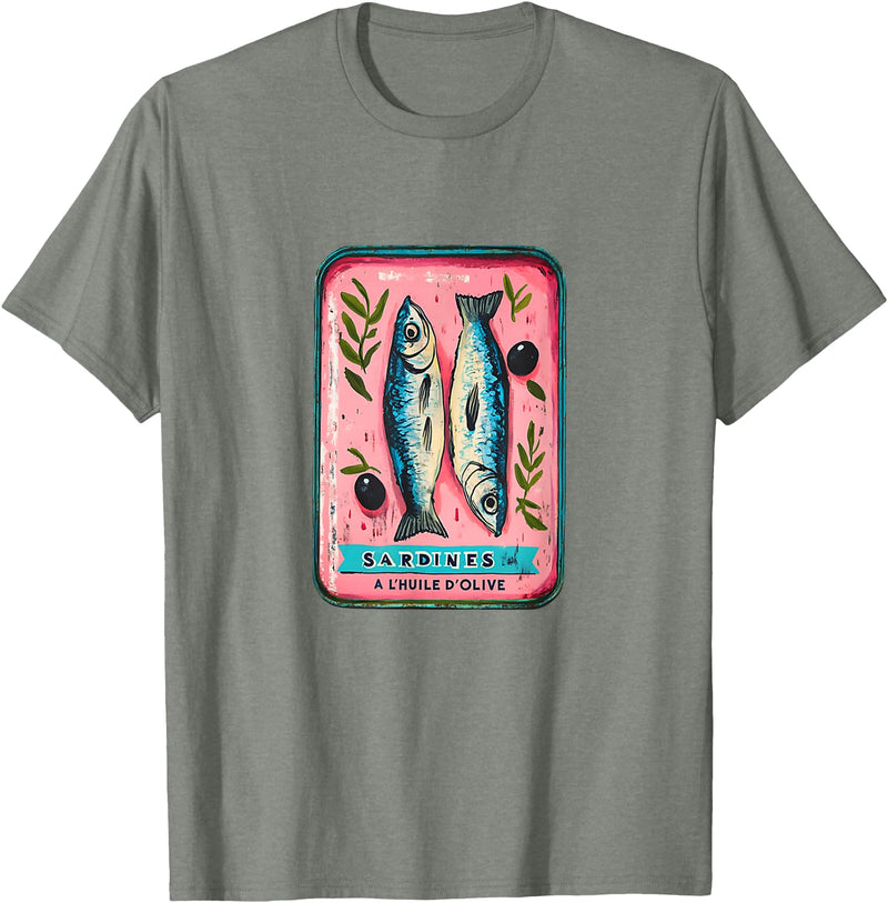 Coastal Nautical Sardine Apparel Co. Sardines Fish Tin Womens Salty Summer Fisherman Cute Top T-Shirt - Olive Heather