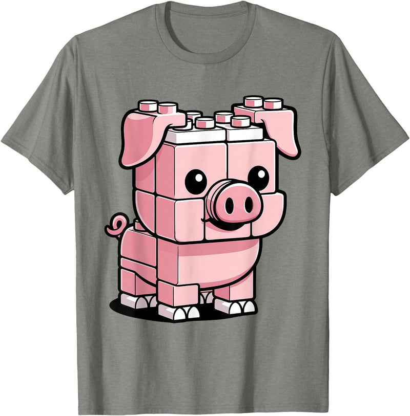 BlockPals DM Funny Pink Brick Pig Building Blocks Farm Animal Character T-Shirt - Olive Heather