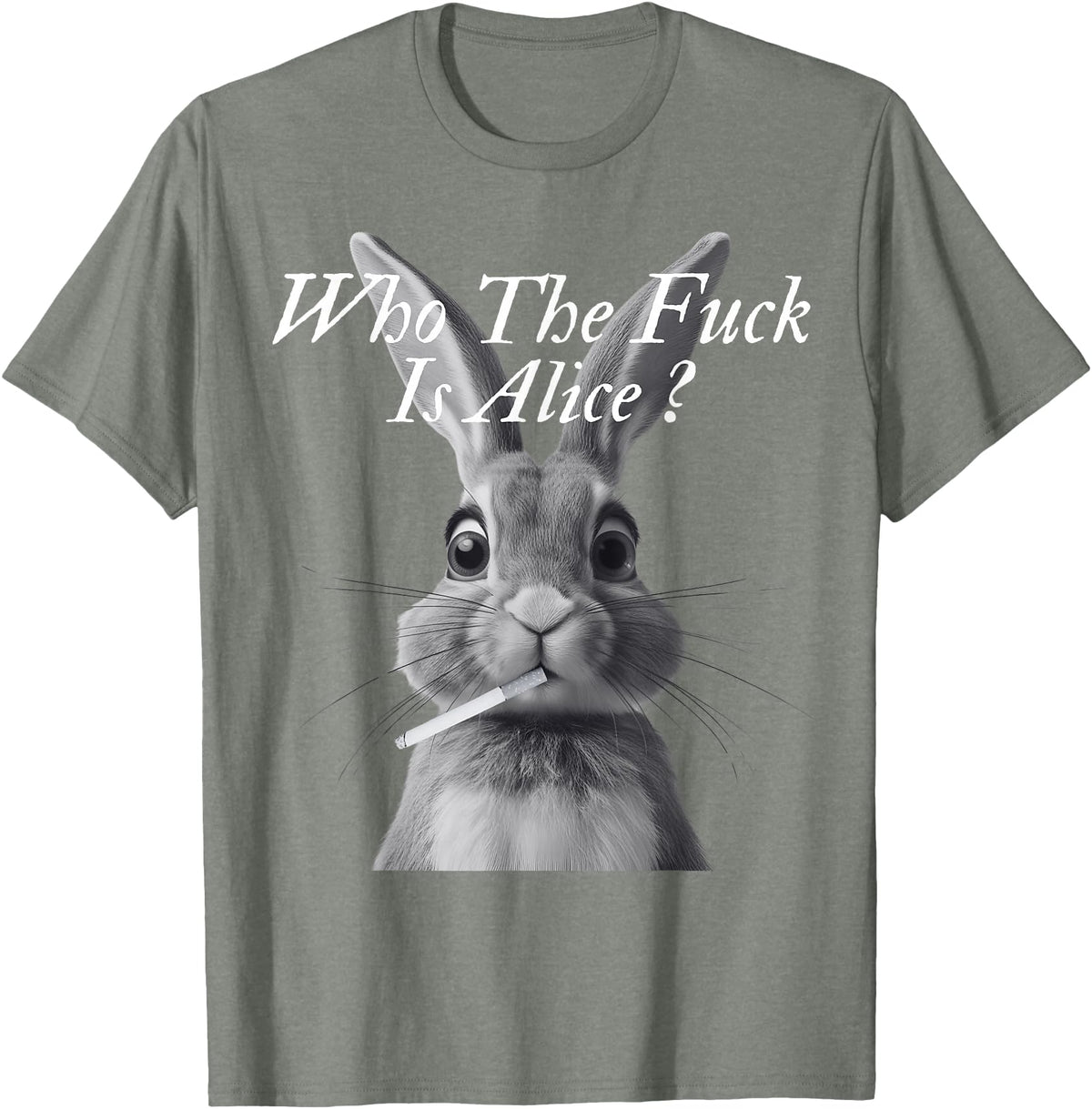 Retro Who the F_ck Is Alice Funny Rabbit T-Shirt in Olive Heather
