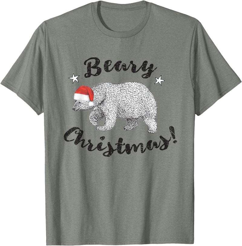 ChescaMade Christmas Apparel Beary Christmas Cute Polar Bear In Santa Hat T-Shirt - Olive Heather