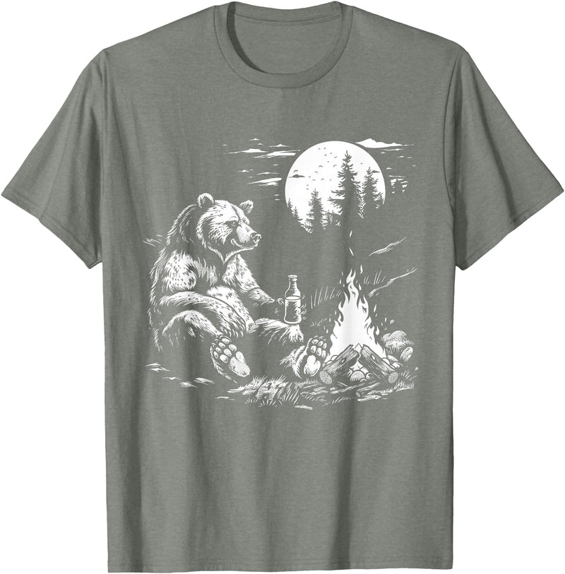 Camping Grizzly Bear Camping Bear Drinking Beer Hiking Nature Funny Grizzly Bear T-Shirt - Olive Heather