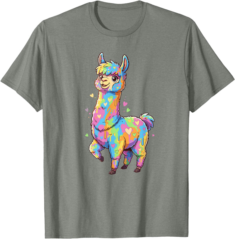 Rainbow Llama Love Pastel Hearts Kawaii Colorful Rainbow Heart Llama Kawaii Cute T-Shirt - Olive Heather