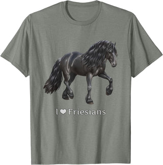 Horse Lover Art by CSForest I Love Friesians Black Friesian Draft Horse Lovers Gift T-Shirt - Olive Heather