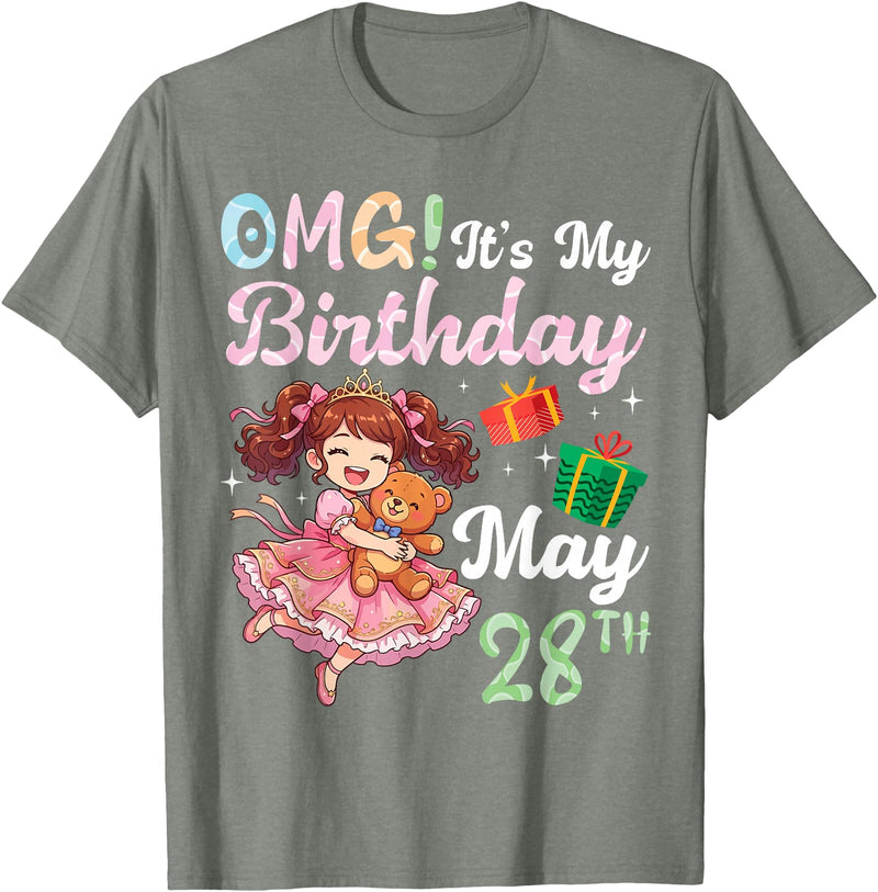 H1Shop Happy Birthday Born On May 28 OMG It's My Birthday Born On May 28th Girl with Present Bear T-Shirt - Olive Heather