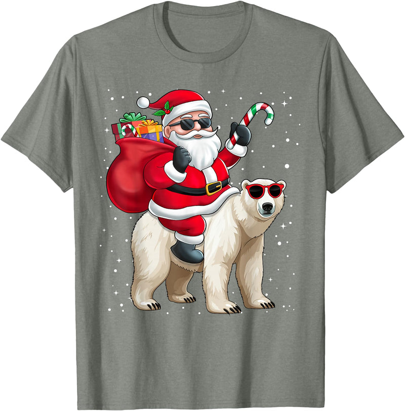 Santa Claus Riding A Polar Bear Xmas Funny Santa Claus Riding A Polar Bear Christmas Boy Girl Kids T-Shirt - Olive Heather