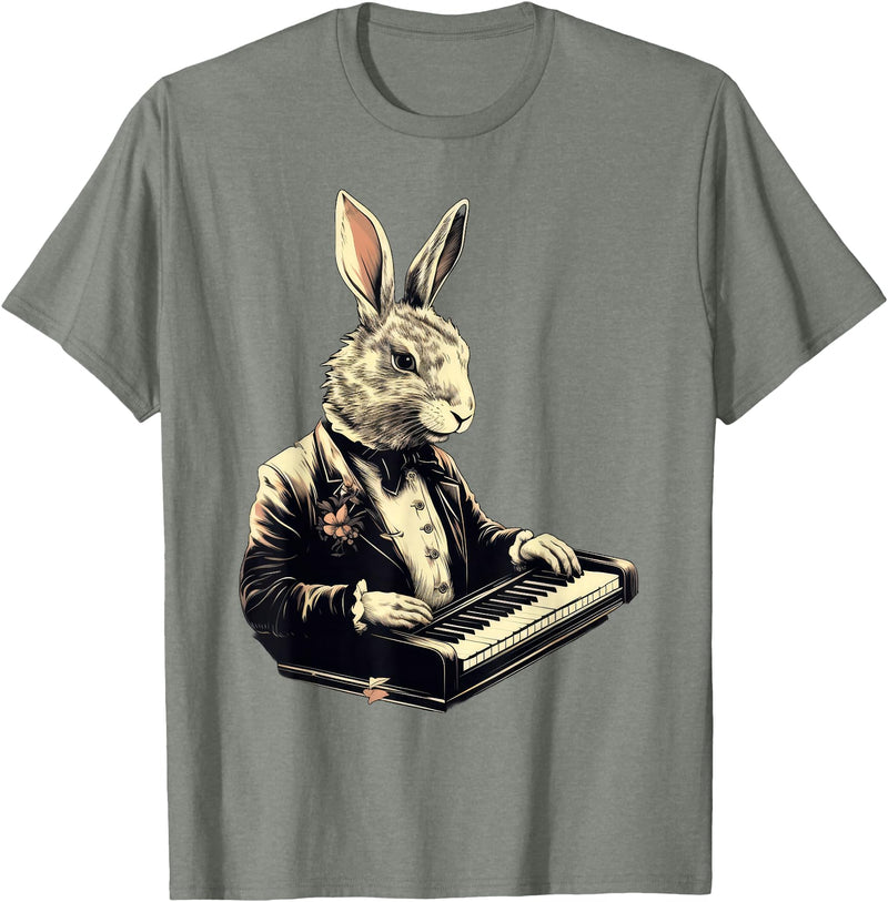 Cute Rabbit Bunny Playing Piano Rabbits Musician Music T-Shirt in Olive Heather