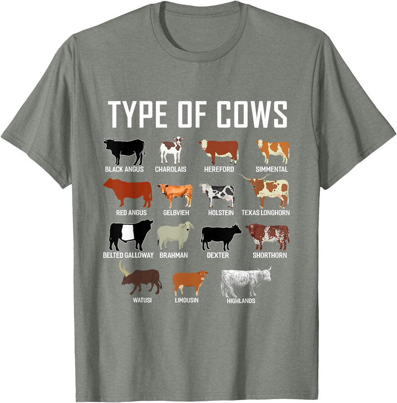 COW Designs By ShirtZilla Types of Cows Shirt Farmer Tee Shirt Costume Cow T-Shirt - Olive Heather